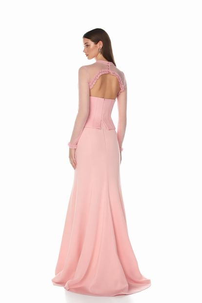 Pudra Korse Detaylı Dantel Görünümlü Abiye Elbise